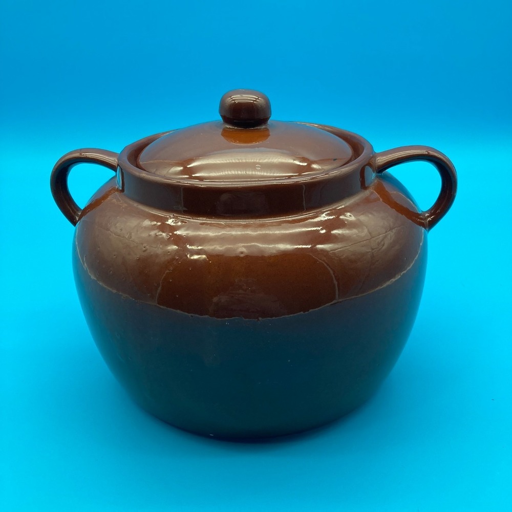 Vintage Brown Stoneware Bean Pot with Lid 2 Quart Crock Jar Canada